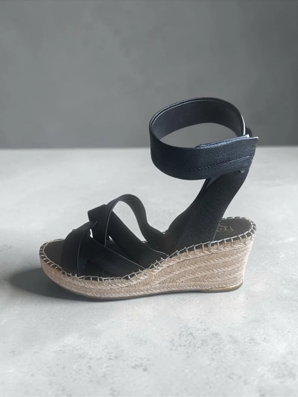 Franco Sarto Black Leather Ankle-Strap Espadrille Wedge Sandals